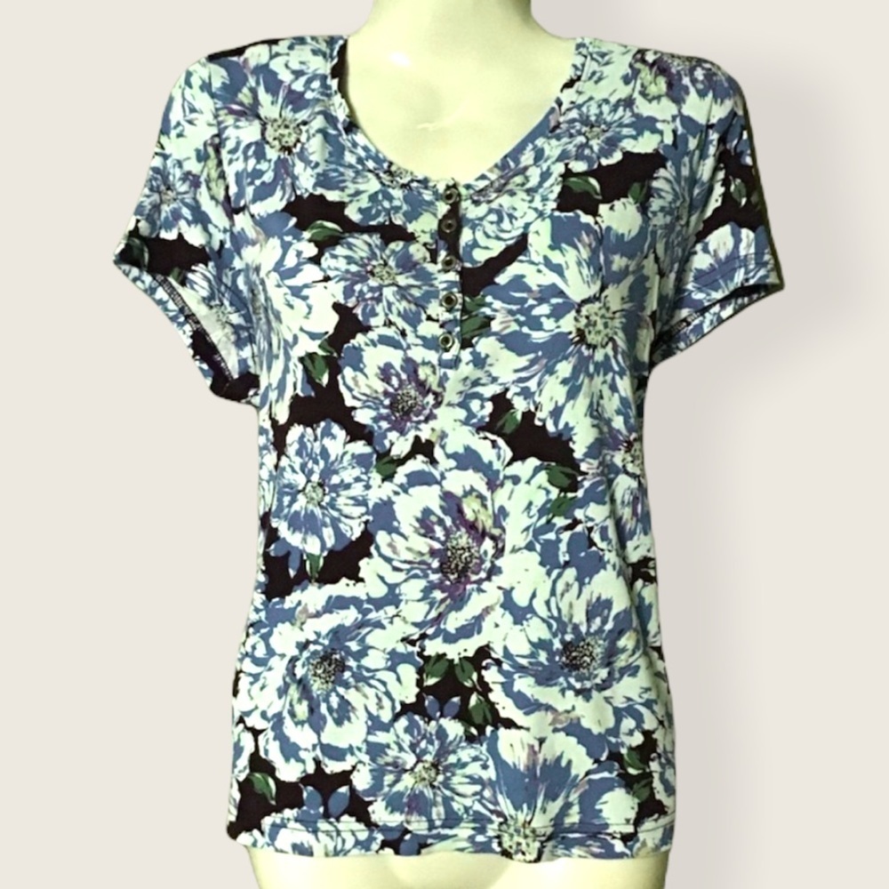 Croft & Barrow Teal & Black Floral Print Women’s Short Sleeve Shirt
